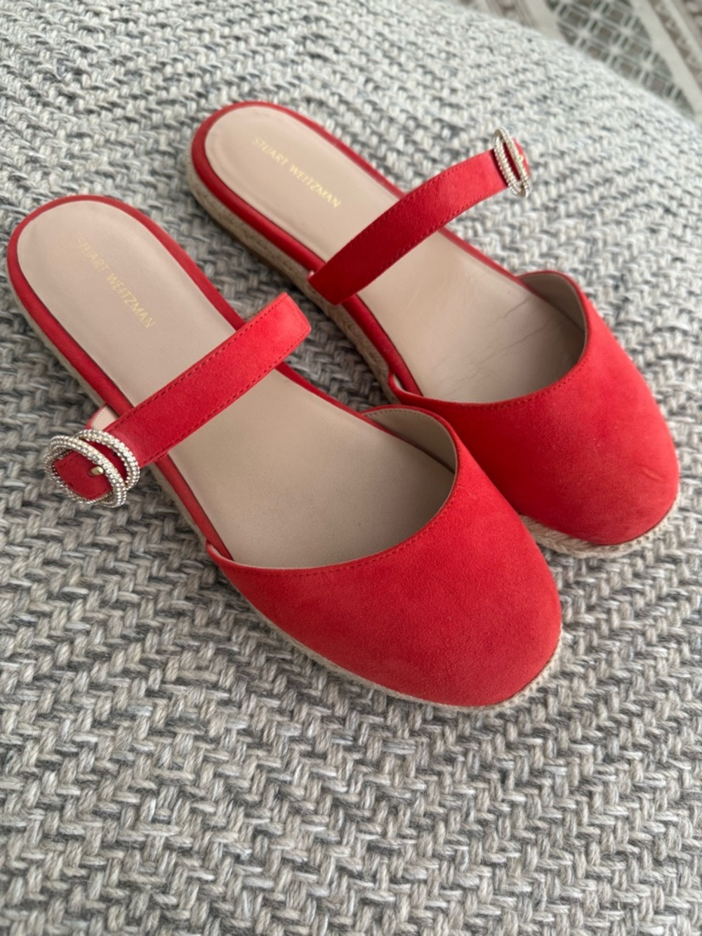 Stuart Weitzman Red Suede Crystal Buckle Espadrille Mule Size 9